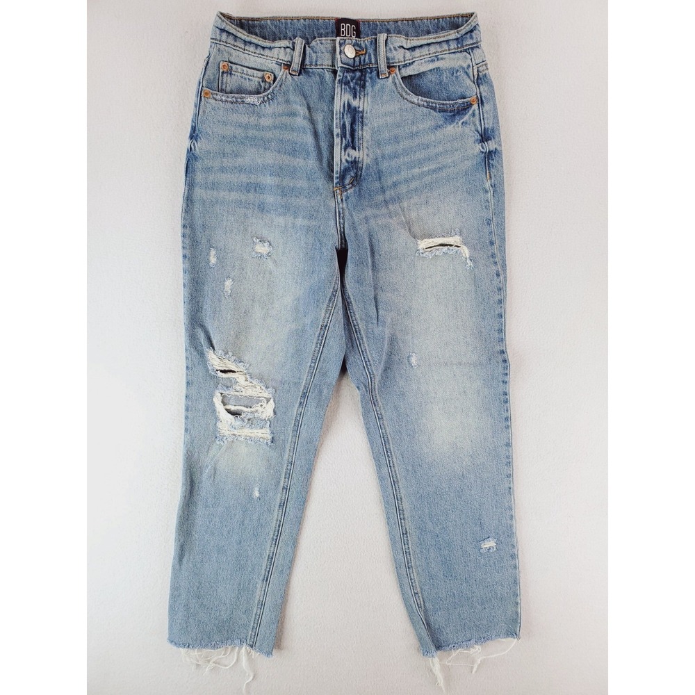 BDG Jeans Womens 28 Blue Slim Straight Distressed Button Fly Grunge Stone Wash